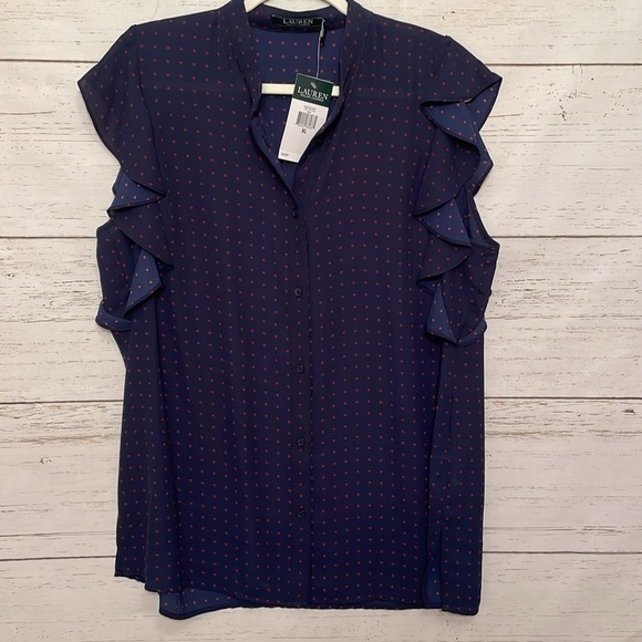 Lauren Ralph Lauren Tops - Lauren Ralph Lauren Navy Blue Ruffle Sleeved Polka Dot Blouse, size XL, NWT